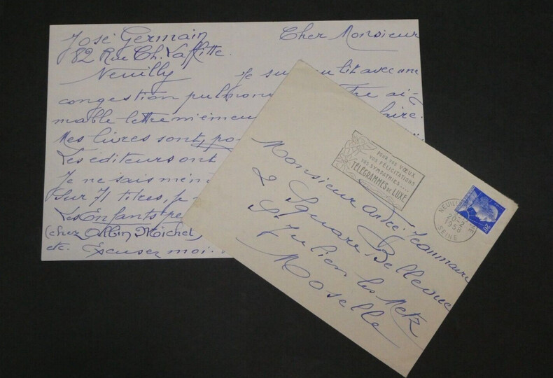Jos&eacute; GERMAIN - LETTRE AUTOGRAPHE SIGN&Eacute;E "Les enfants perdus" chez Albin MICHEL. Jos&eacute; GERMAIN