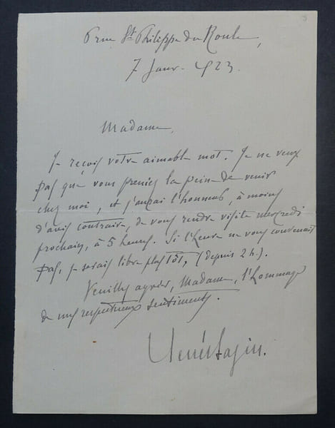 BAZIN Ren&eacute; - LETTRE AUTOGRAPHE SIGNEE, 7 janvier 1923. Ren&eacute; Bazin