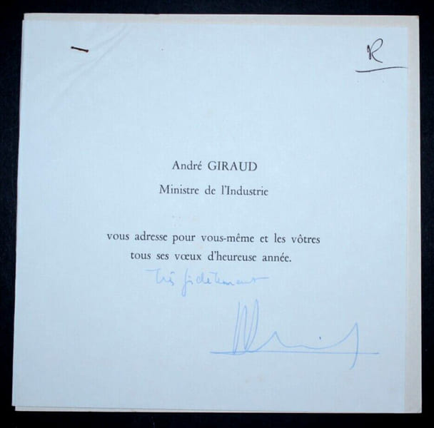 Andr&eacute; GIRAUD, Ministre de l'Industrie CARTE DE VOEUX AVEC NOTE AUTOGRAPHE SIGN&Eacute;E. Andr&eacute; GIRAUD