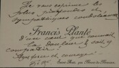 PLANTE Francis - CARTE DE VISITE AUTOGRAPHE SIGNEE DEUIL. Francis Plant&eacute;