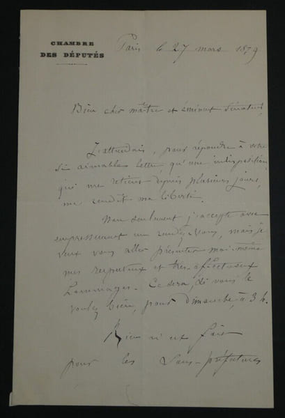 Albert GR&Eacute;VY, Homme politique - LETTRE AUTOGRAPHE SIGN&Eacute;E AU S&Eacute;NATEUR, Paris 1879. Albert GR&Eacute;VY