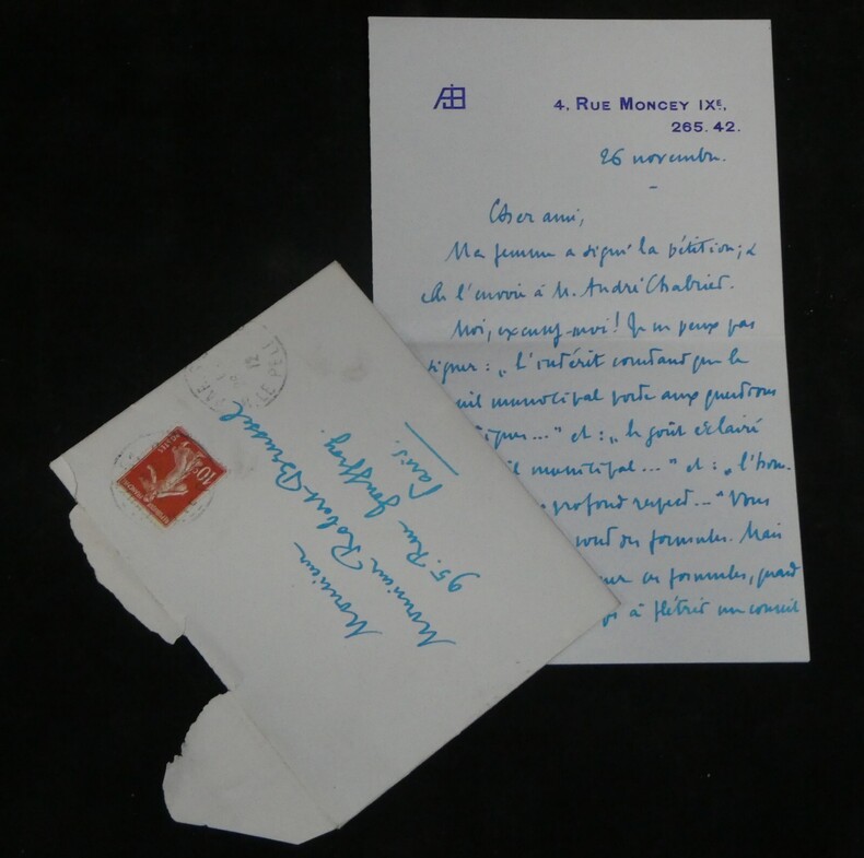 Andr&eacute; Beaunier - Lettre autographe sign&eacute;e &agrave; Robert Russel une signature p&eacute;tition. Andr&eacute; Beaunier