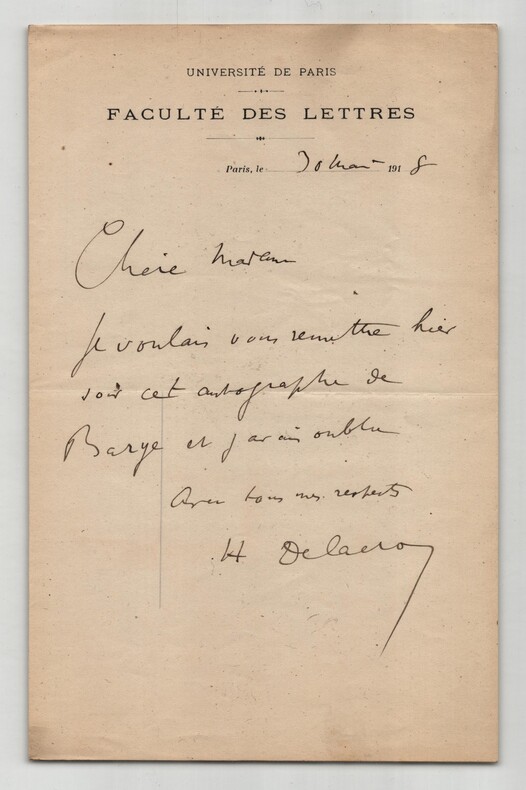 Henri Delacroix - Philosophe et psychologue - Lettre autographe sign&eacute;e - 1918. Henri Delacroix