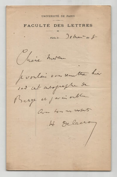 Henri Delacroix - Philosophe et psychologue - Lettre autographe sign&eacute;e - 1918. Henri Delacroix