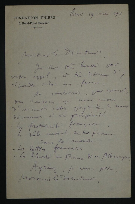 &Eacute;mile BOUTROUX, LETTRE AUTOGRAPHE SIGN&Eacute;E AU DIRECTEUR, Fraternit&eacute; fran&ccedil;aise 1915. &Eacute;mile BOUTROUX