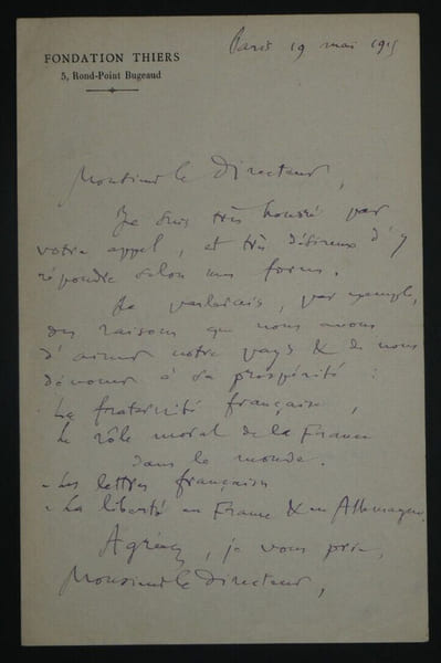 &Eacute;mile BOUTROUX, LETTRE AUTOGRAPHE SIGN&Eacute;E AU DIRECTEUR, Fraternit&eacute; fran&ccedil;aise 1915. &Eacute;mile BOUTROUX