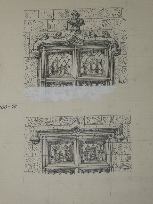 Couronnements de fen&ecirc;tre du XVe si&egrave;cle - Dessin original sign&eacute;. Louis Henri Laffill&eacute;e