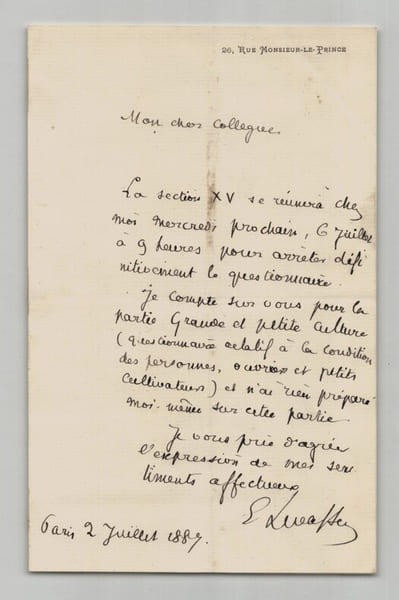 Pierre &Eacute;mile Levasseur - Lettre autographe sign&eacute;e - questionnaire relatif &agrave; la condition des ouvriers et petits cultivateurs - 1887. Pierre &Eacute;mile ...