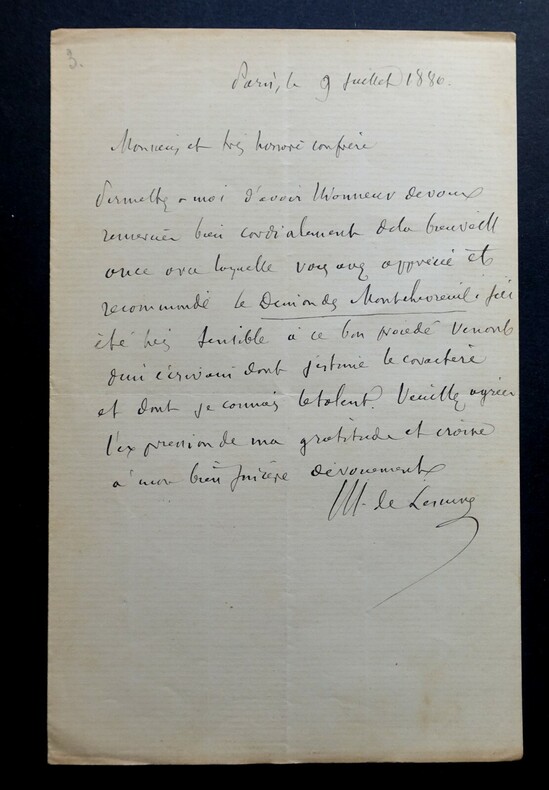 LETTRE AUTOGRAPHE SIGN&Eacute;E, LETTRE DE REMERCIEMENTS, 1880. LESCURE Adolphe (de)
