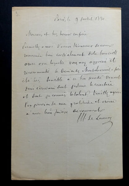 LETTRE AUTOGRAPHE SIGN&Eacute;E, LETTRE DE REMERCIEMENTS, 1880. LESCURE Adolphe (de)