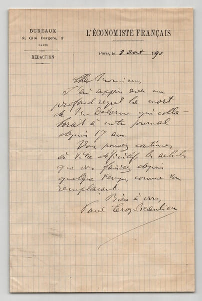 Paul Leroy Beaulieu - Lettre autographe sign&eacute;e "Mort de Mr Delorme" - 1890. Paul Leroy Beaulieu