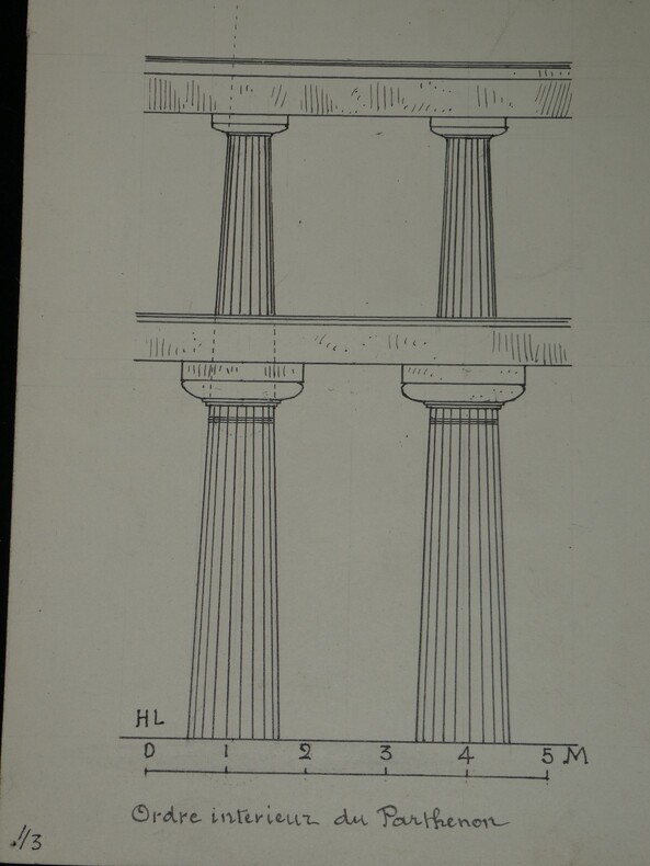 Dessin original sign&eacute; — Int&eacute;rieur du Parth&eacute;non, ordres superpos&eacute;s — R&eacute;alis&eacute; &agrave; l'encre vers 1930. Louis Henri Laffill&eacute;e