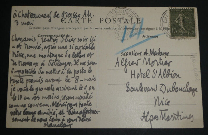 Camille MAUCLAIR - CARTE POSTALE AUTOGRAPHE SIGN&Eacute;E &Agrave; Alfred MORTIER, [1918]. Camille Mauclair
