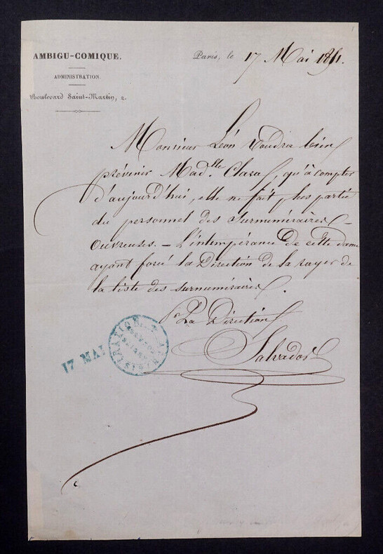 Lettre autographe sign&eacute;e - Licenciement d'une ouvreuse - Ambigu-Comique. Jean-Baptiste Tuffet dit Salvador