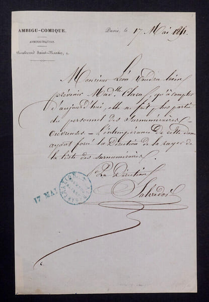 Lettre autographe sign&eacute;e - Licenciement d'une ouvreuse - Ambigu-Comique. Jean-Baptiste Tuffet dit Salvador