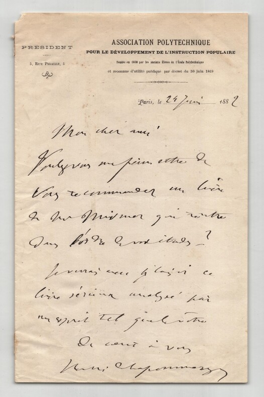 Henri de La Pommeraye - Lettre autographe sign&eacute;e - Association Polytechnique - 1882. Henri de La Pommeraye