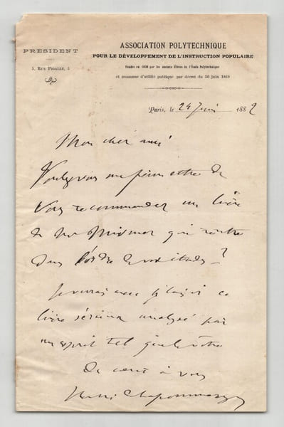 Henri de La Pommeraye - Lettre autographe sign&eacute;e - Association Polytechnique - 1882. Henri de La Pommeraye