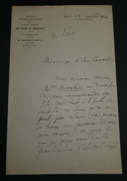 Maurice L&Eacute;VY, Ing&eacute;nieur - LETTRE AUTOGRAPHE SIGN&Eacute;E, Paris, 1900. Maurice L&Eacute;VY