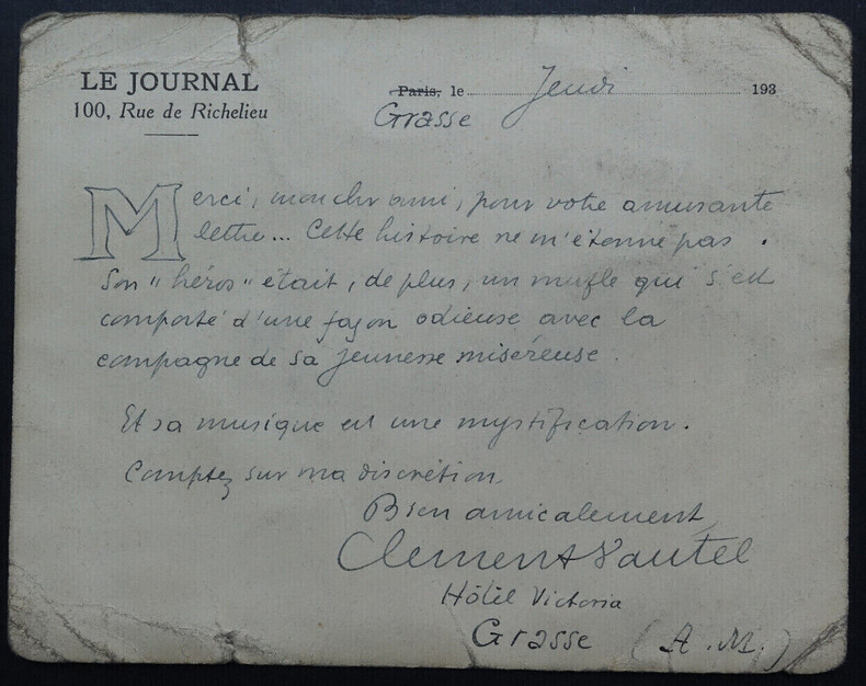 Cl&eacute;ment VAUTEL, CARTE-LETTRE AUTOGRAPHE SIGN&Eacute;E, Grasse, H&ocirc;tel Victoria. Cl&eacute;ment Vautel