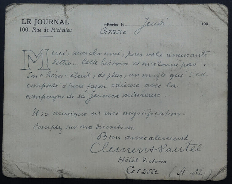 Cl&eacute;ment VAUTEL, CARTE-LETTRE AUTOGRAPHE SIGN&Eacute;E, Grasse, H&ocirc;tel Victoria. Cl&eacute;ment Vautel