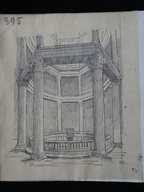 Dessin original sign&eacute; — Ordres superpos&eacute;s du baptist&egrave;re de Saint-Jean-de-Latran &agrave; Rome (IVe si&egrave;cle ap. J.-C.). Louis Henri Laffill&eacute;e