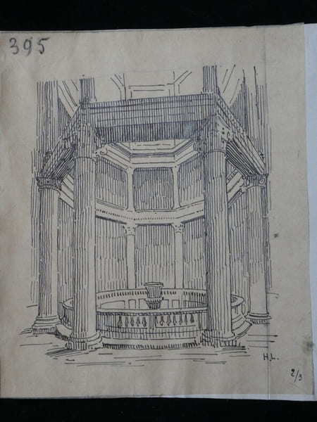Dessin original sign&eacute; — Ordres superpos&eacute;s du baptist&egrave;re de Saint-Jean-de-Latran &agrave; Rome (IVe si&egrave;cle ap. J.-C.). Louis Henri Laffill&eacute;e