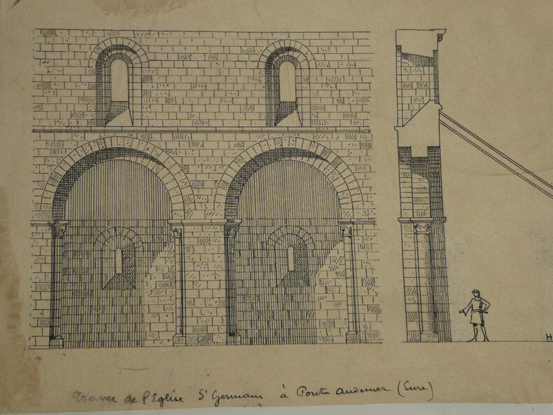 Trav&eacute;e de l'&eacute;glise Saint-Germain &agrave; Pont-Audemer (Eure) - Dessin original sign&eacute; - Vers 1930. Louis Henri Laffill&eacute;e