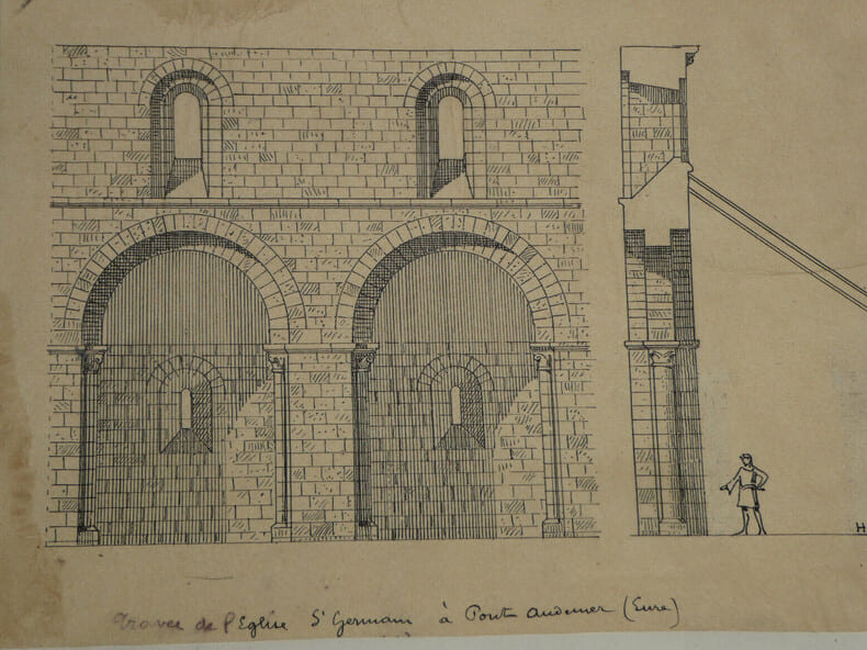 Trav&eacute;e de l'&eacute;glise Saint-Germain &agrave; Pont-Audemer (Eure) - Dessin original sign&eacute; - Vers 1930. Louis Henri Laffill&eacute;e