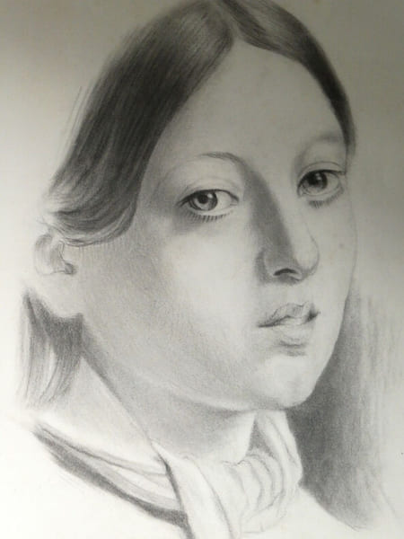 Dessin original au crayon - portrait de jeune femme expressive - XIX&egrave;me. 
