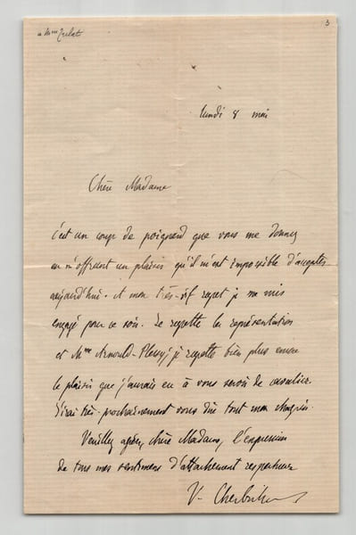 Victor Cherbuliez Lettre autographe sign&eacute;e &agrave; Marie Tr&eacute;lat "Un coup de poignard". Victor Cherbuliez