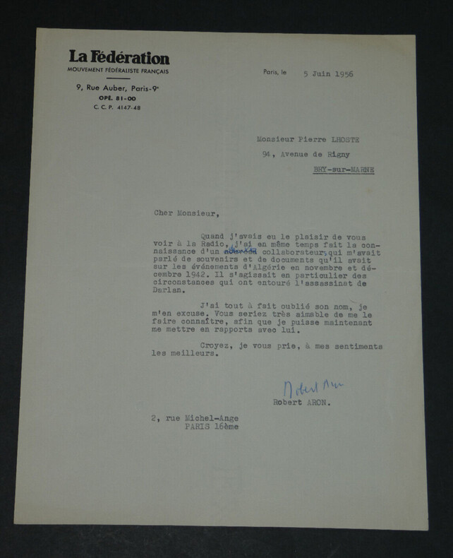 Robert ARON - Lettre dactylographi&eacute;e sign&eacute;e &agrave; Pierre LHOSTE - 1956. Robert ARON