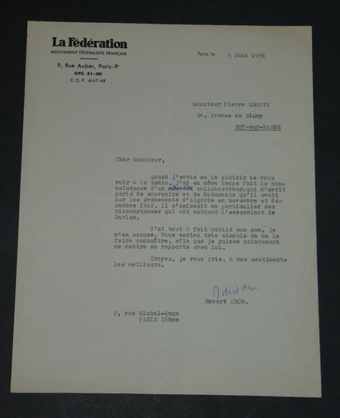 Robert ARON - Lettre dactylographi&eacute;e sign&eacute;e &agrave; Pierre LHOSTE - 1956. Robert ARON