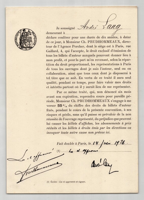 Pouvoir sign&eacute; par Andr&eacute; Lang - Collection coh&eacute;rente 25 auteurs & musiciens. Andr&eacute; Lang