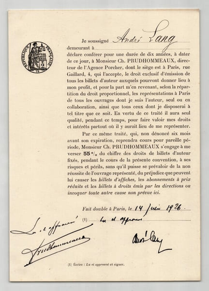 Pouvoir sign&eacute; par Andr&eacute; Lang - Collection coh&eacute;rente 25 auteurs & musiciens. Andr&eacute; Lang
