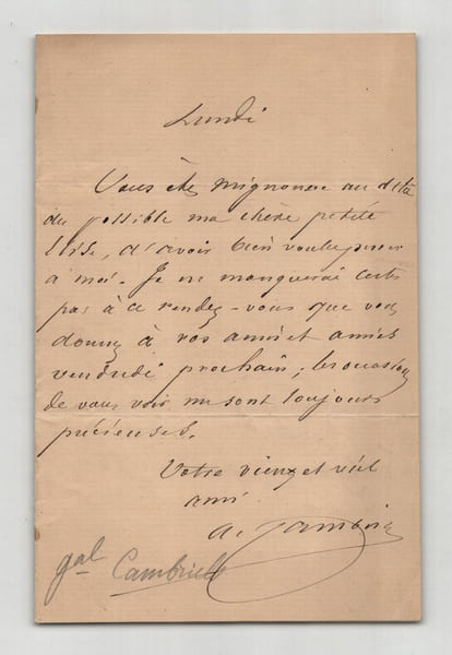 G&eacute;n&eacute;ral Albert Cambriels - Lettre autographe sign&eacute;e - "Vous &ecirc;tes mignonne". Albert Cambriels