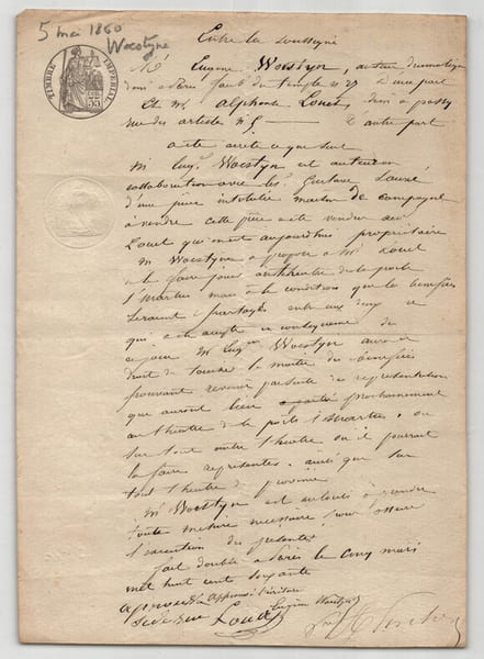 Pouvoir manuscrit sign&eacute; par Eug&egrave;ne Woestyn – Collection 24 auteurs & musiciens. Eug&egrave;ne Woestyn
