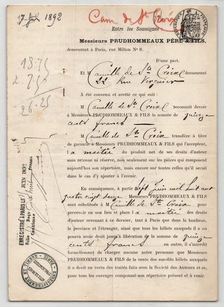 Pouvoir sign&eacute; C. de Sainte-Croix – Collection coh&eacute;rente 24 auteurs & musiciens. Camille de Sainte-Croix
