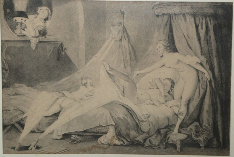 Gravure Les Femmes au lit - &Eacute;cole XIX-XX&egrave;me, encadr&eacute;e, curiosa. 