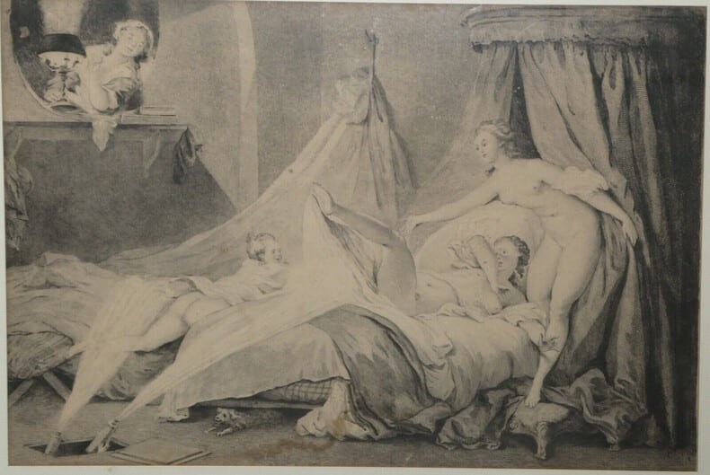 Gravure Les Femmes au lit - &Eacute;cole XIX-XX&egrave;me, encadr&eacute;e, curiosa. 