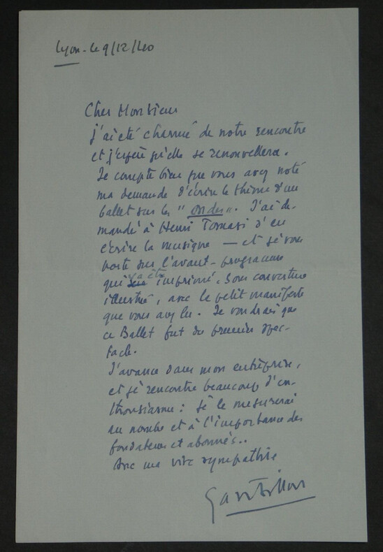 Simon Gantillon - LETTRE AUTOGRAPHE SIGN&Eacute;E - Ballet avec Henri Tomasi, 1940. Simon Gantillon