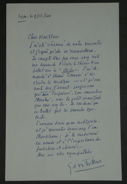 Simon Gantillon - LETTRE AUTOGRAPHE SIGN&Eacute;E - Ballet avec Henri Tomasi, 1940. Simon Gantillon