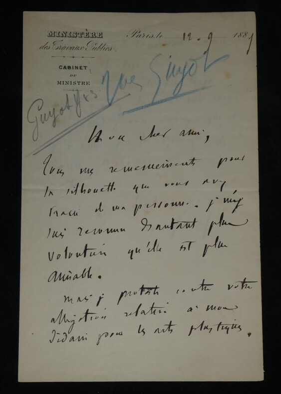 Yves Guyot - Lettre autographe sign&eacute;e de 1889 remerciements pour une silhouette. Yves Guyot
