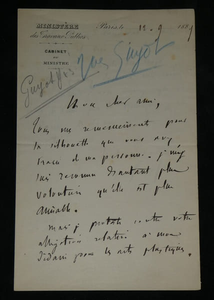 Yves Guyot - Lettre autographe sign&eacute;e de 1889 remerciements pour une silhouette. Yves Guyot