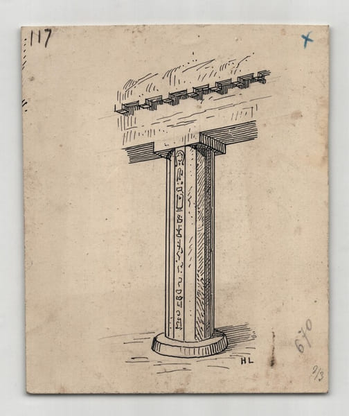 Colonne polygonale et corniche monolithe d'une s&eacute;pulture de B&eacute;ni-Hassan - Dessin original vers 1930. Louis Henri Laffill&eacute;e