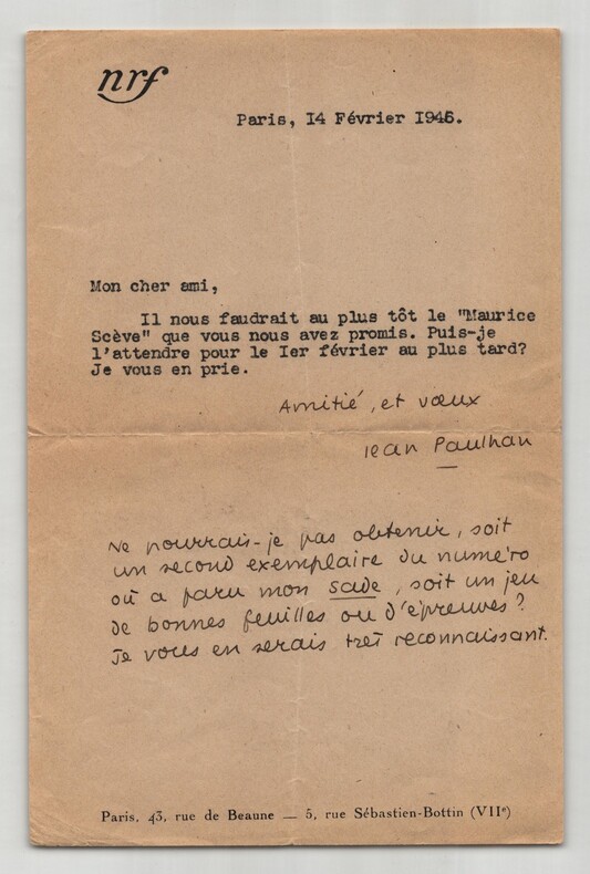 Jean Paulhan - Lettre dactylographi&eacute;e et autographe sign&eacute;e - 1946. Jean Paulhan