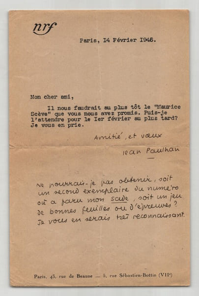 Jean Paulhan - Lettre dactylographi&eacute;e et autographe sign&eacute;e - 1946. Jean Paulhan