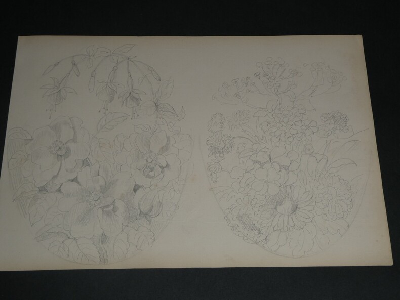 Dessin au crayon, fin XIX&egrave;me, Garret, d&eacute;corateurs, Vesoul , 2 Bouquets de fleurs. Garret