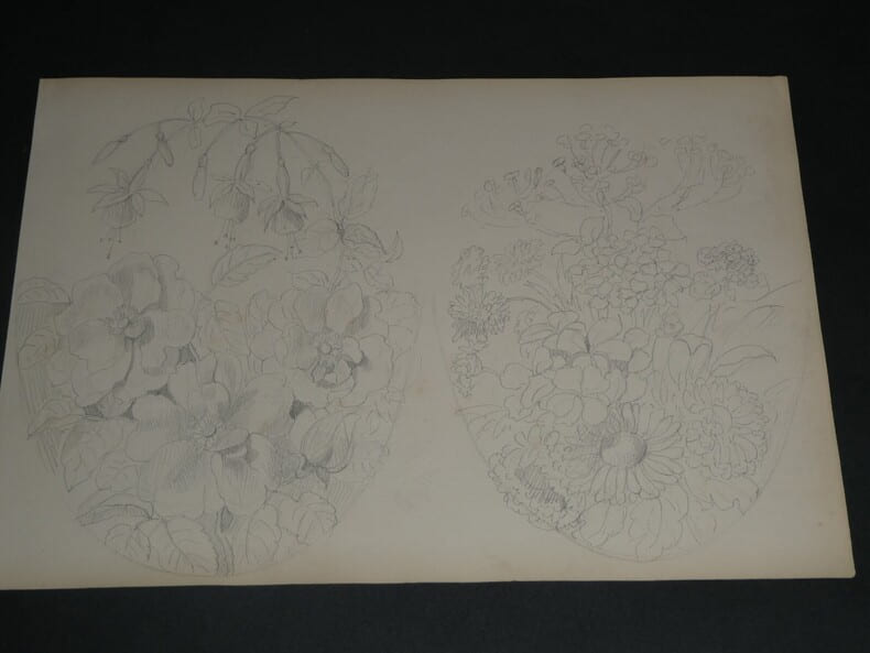 Dessin au crayon, fin XIX&egrave;me, Garret, d&eacute;corateurs, Vesoul , 2 Bouquets de fleurs. Garret