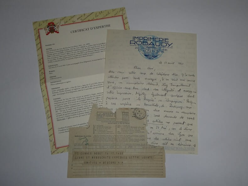 Guy des Cars - Lettre autographe sign&eacute;e et un t&eacute;l&eacute;gramme, dat&eacute;s du 17 avril 1941. Guy des Cars