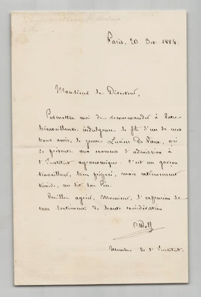 Charles Wolf - Lettre autographe sign&eacute;e recommandation Institut agronomique 1884. Charles Wolf